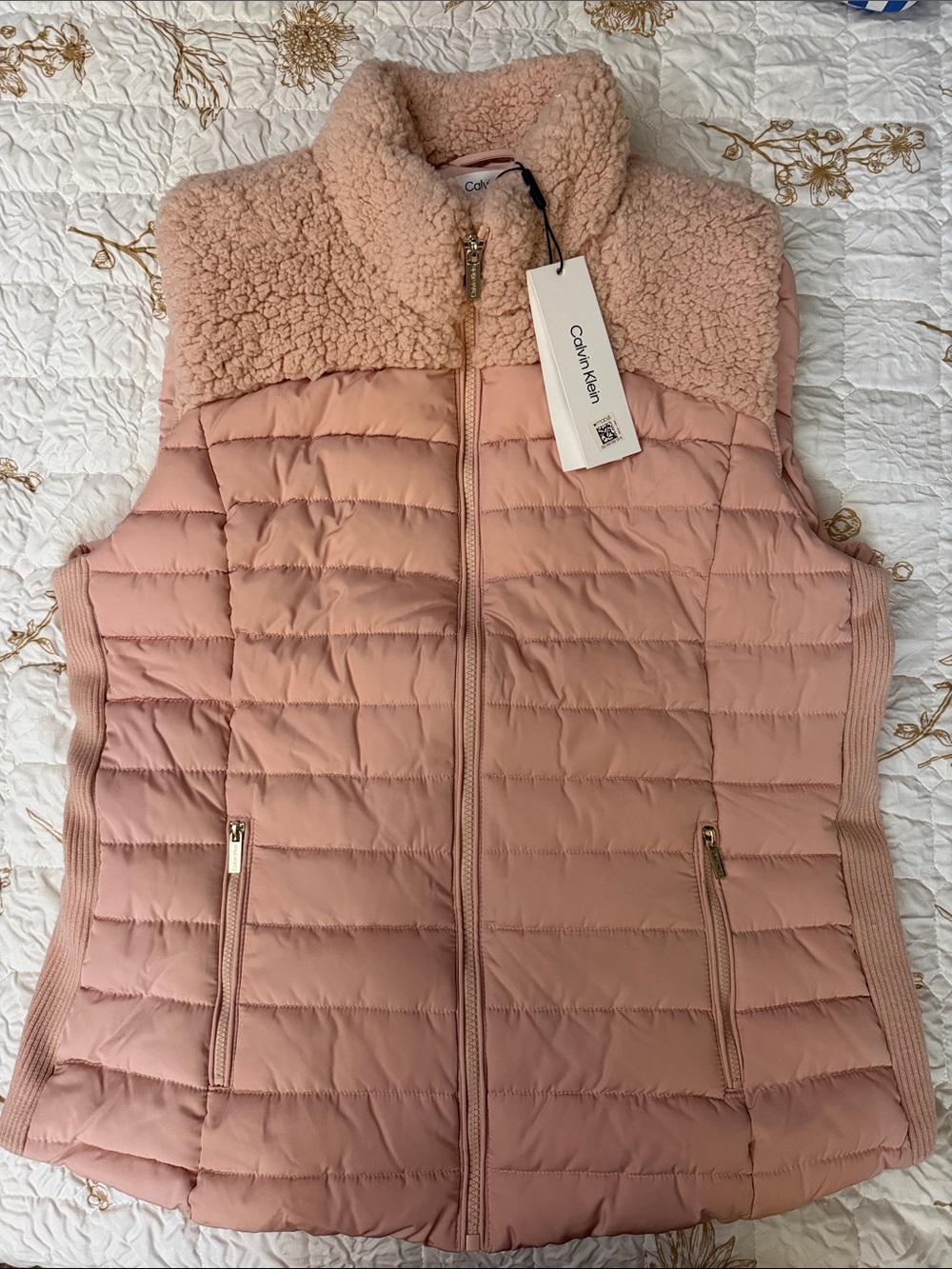 Calvin Klein Quilted Sherpa-Trim Puffer Vest in Blush